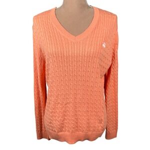 Brooks Brothers 346 Orange Cable Knit V Neck Sweater Women's XL Preppy